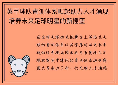 英甲球队青训体系崛起助力人才涌现 培养未来足球明星的新摇篮